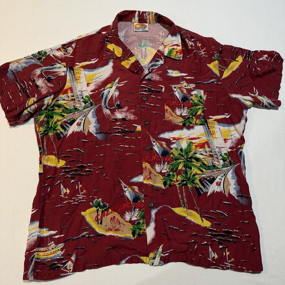 Vintage Kennington Ltd California Shirt Mens XL Burgundy Marlin Fishing Hawaiian